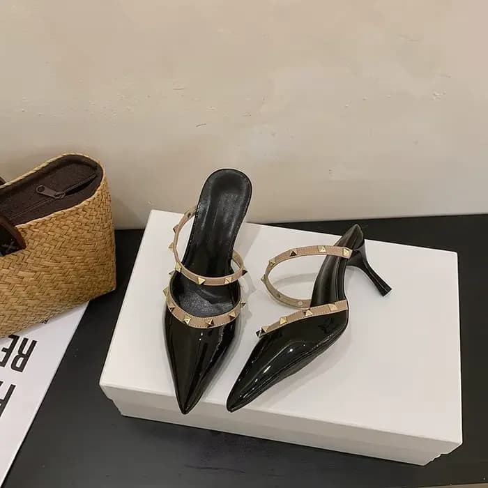 Mules à talons aiguilles pour femmes en cuir verni français