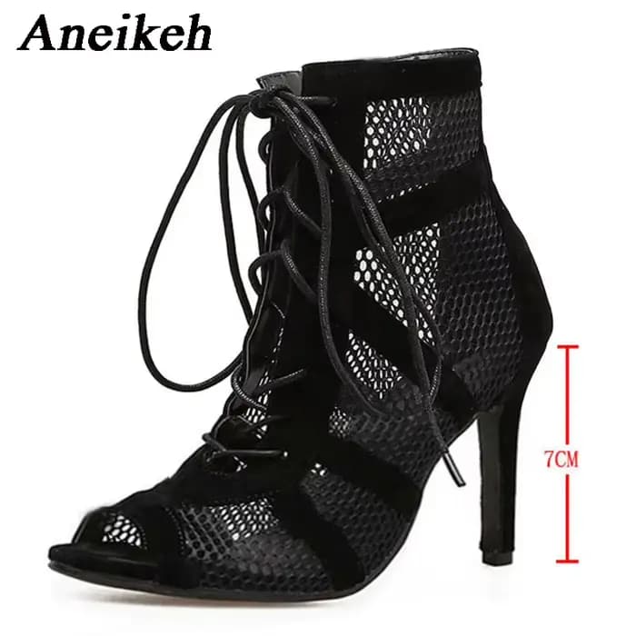 Aneikeh 7CM talon moyen danse évider bride à la cheville sandales bottes 2025 mode été à lacets croisé Peep orteil dame chaussures