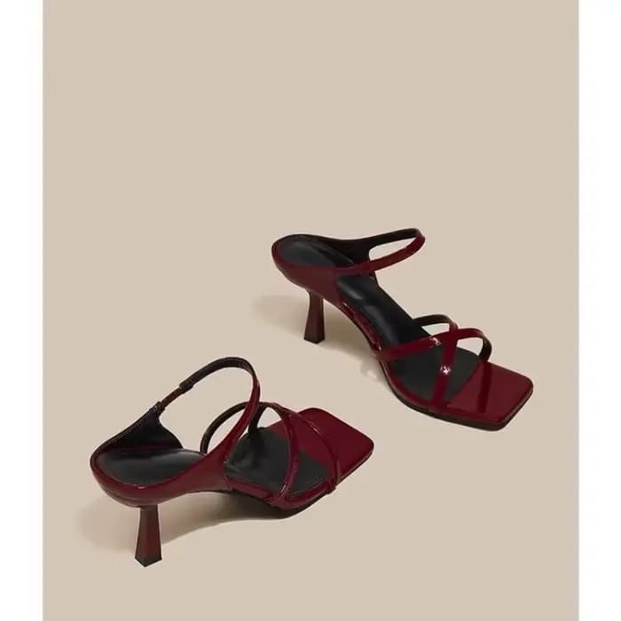 Sandales à talons hauts rouge vin pour femmes, bout carré, décor de nœud papillon, pantoufles d'extérieur d'été, chaussures de fête de mariage à talons fins, nouvelle collection