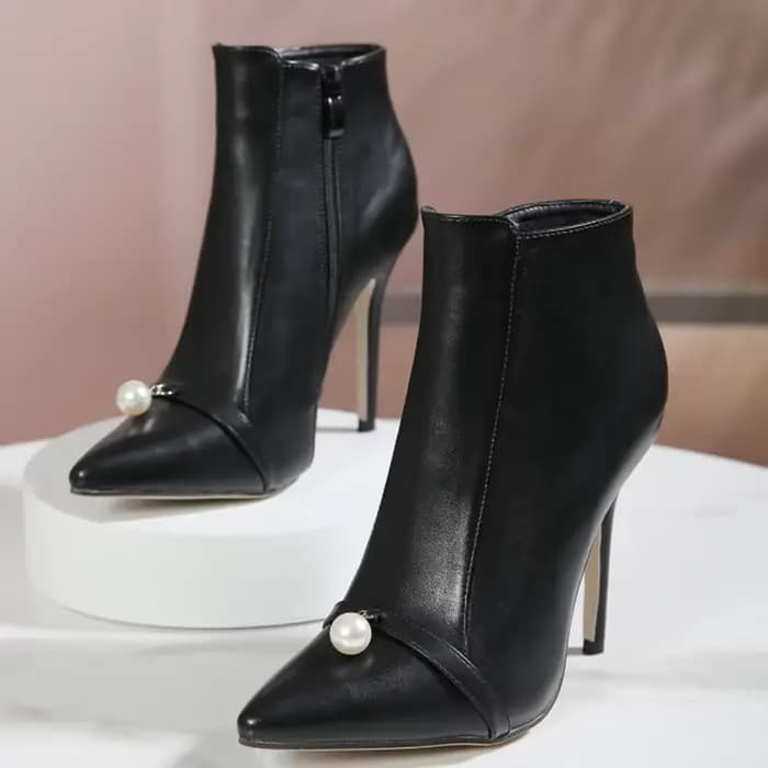 Bottines à talons aiguilles en perles pour femmes, chaussures courtes à bout pointu avec fermeture éclair latérale solide, nouvelle mode automne 2026, talons hauts fins en PU