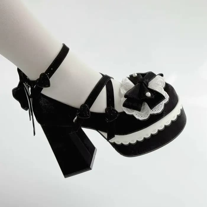 Belles filles Lolita talons hauts plate-forme chaussures, jeunes femmes étudiantes doux perle dentelle nœuds papillon broderie bride à la cheville Mary Janes