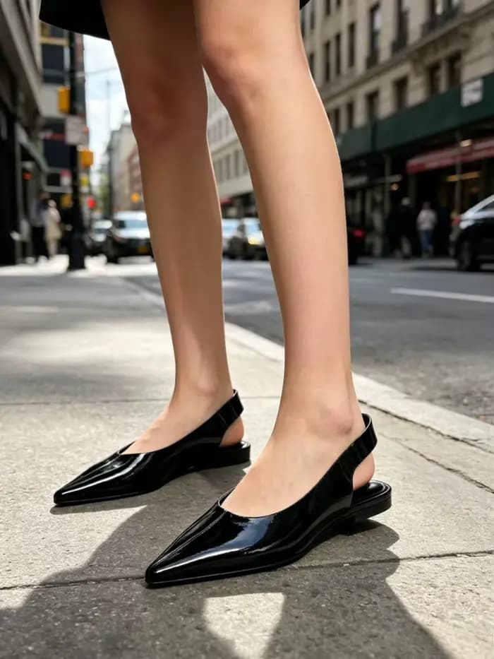 Ballerines en cuir verni noir pour femmes, sandales plates Sexy à bout pointu, Slingback en cuir souple, chaussures de bureau confortables pour femmes