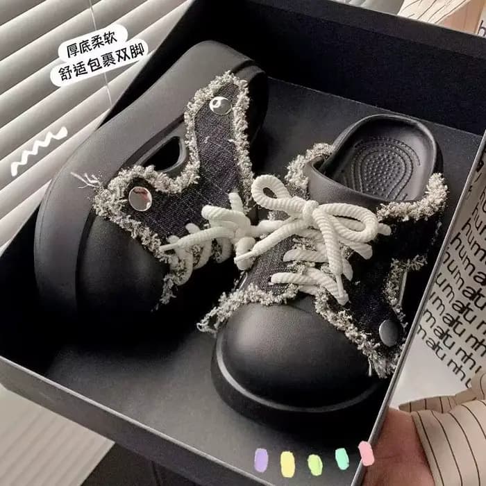 Mules à plateforme en jean tendance avec franges pour femme, sandales décontractées à lacets et bout fermé, antidérapantes en EVA, chaussures de plage à semelle épaisse