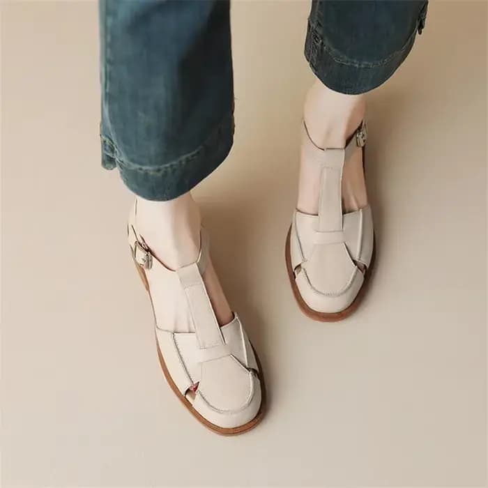 Sandales d'Été Rondes en Cuir de Vache pour Femme