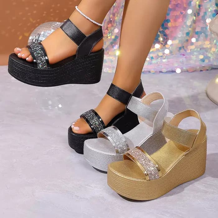 Sandales compensées dorées à paillettes pour femme