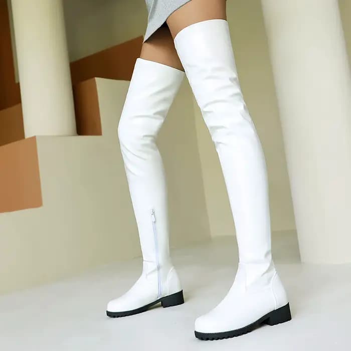 Cuissardes extensibles blanches pour femmes, talons épais, bout rond, doux, noir, Sexy, fête, Club, hiver, bottes confortables au-dessus du genou