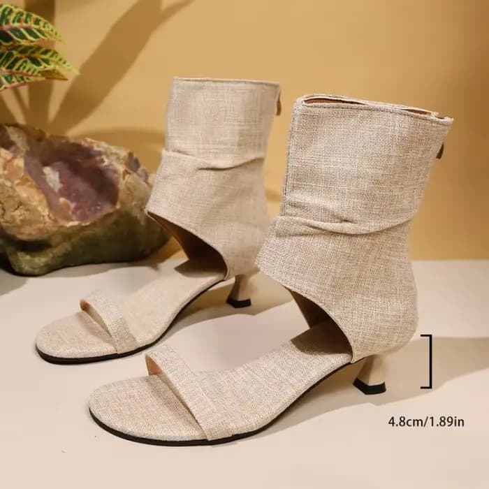 Sandales à talon chaton en lin pour femmes, bottines froncées à la cheville, chaussures décontractées d'été à bout ouvert pour dames