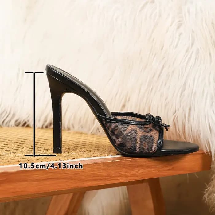 Purcoral Leopard Mesh Bow High Heel Mules Women Open Toe Thin Stiletto Slip On 2026 Summer Slide Sandals Random Free Gift