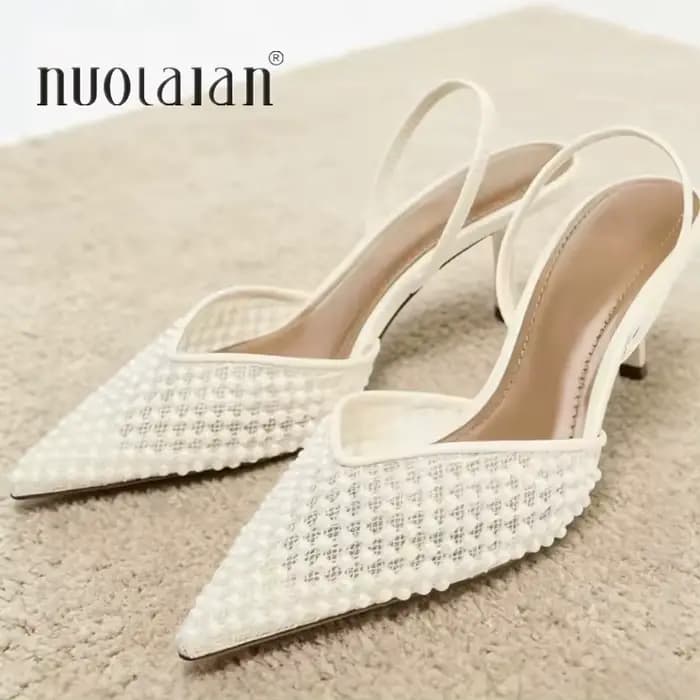 Sandales à talons hauts slingback en maille perlée pour femme – Chaussures de créateur élégantes pour mariage et soirée