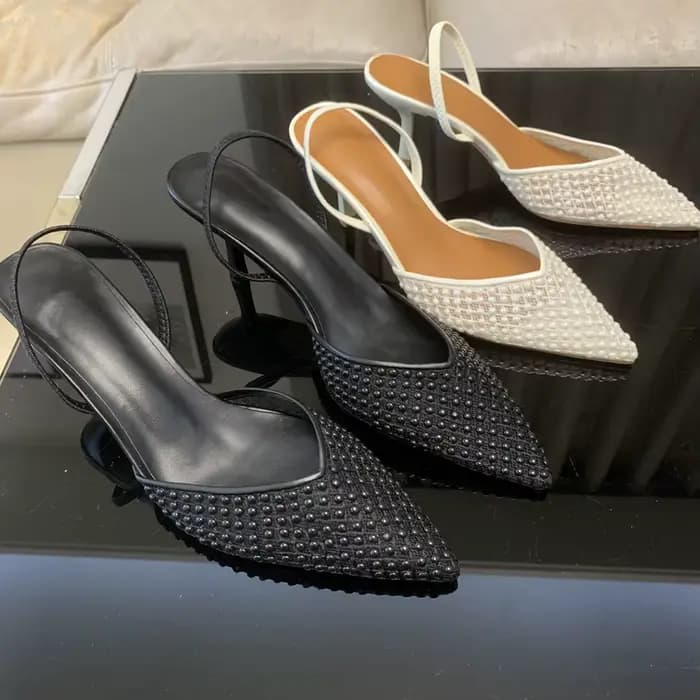 Sandales à talons hauts slingback en maille perlée pour femme – Chaussures de créateur élégantes pour mariage et soirée