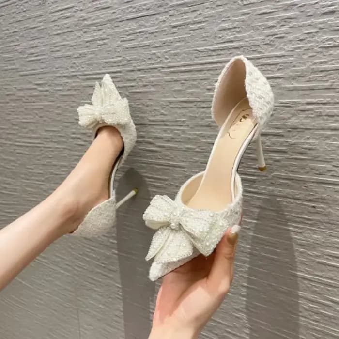 Chaussures de Mariage Blanches de Luxe à Nœud Papillon en Perles et Cristaux pour Femme, Escarpins de Marque de Créateur à Talons Hauts et Fins pour Femme, Chaussures de Soirée Printemps