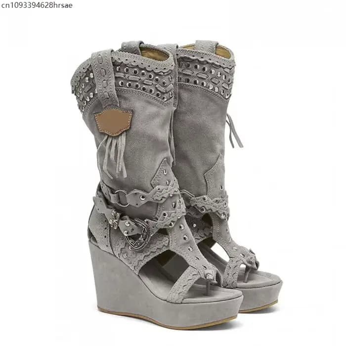 Sandales rétro pour femmes, marron, élégantes, à talon compensé moyen, style gothique, à boucle, bout ouvert, chaussures à talons hauts, bottes de fête et de cosplay