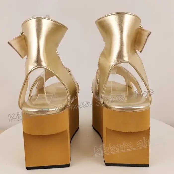 Sandales couleur or plate-forme talon en bois boucle sangle hauteur augmentant mode luxe élégant concis Sexy femmes chaussures bout rond