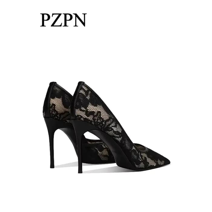 Chaussures à talons hauts noires en dentelle à ouverture latérale pour femmes