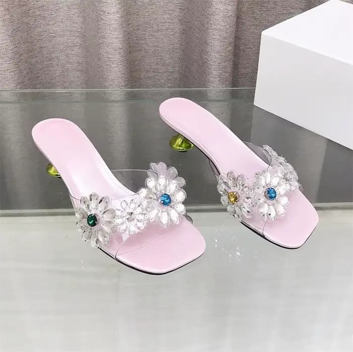 Mules à talon chaton pour femme, sandales à bride transparente en PVC, pantoufles élégantes à bout carré en satin orné de fleurs en cristal, chaussures de soirée et de mariage