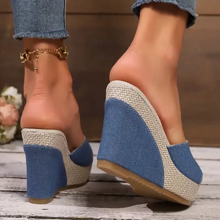 Sandales à talons compensés en Denim bleu pour femmes, pantoufles à plateforme épaisse et bout ouvert, confortables, semelle épaisse, diapositives de plage, été 2025
