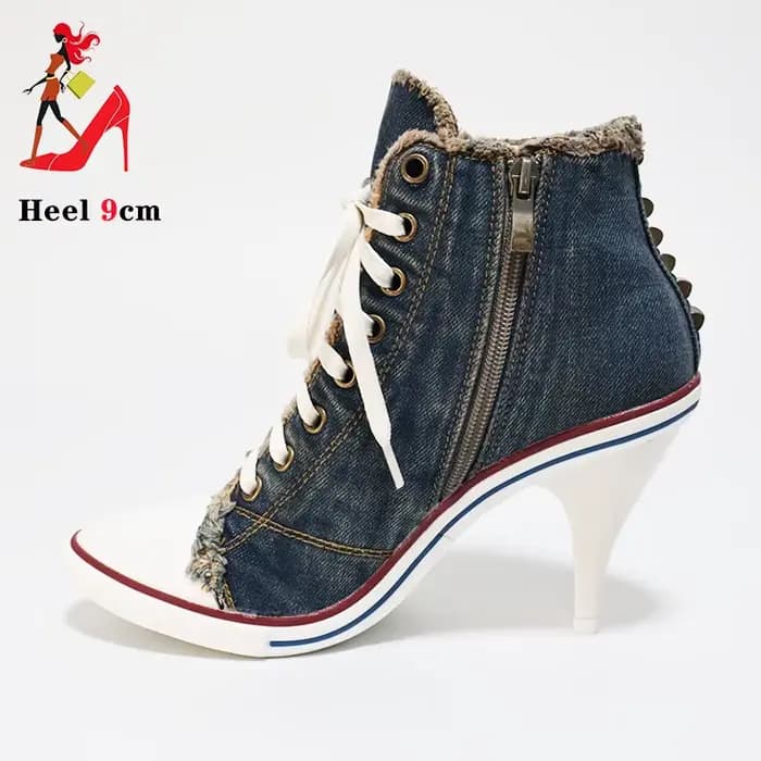Denim femmes bottes Design Stiletto 9CM chaussures à talons hauts mode dame à lacets pointu bottines Sexy à talons hauts chaussures à talons fins