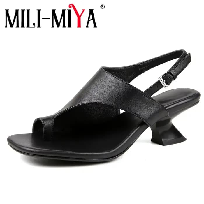 Sandales à talons épais en cuir véritable pour femmes, Style classique, avec bout carré et chaussures décontractées de couleur unie, MILI-MIYA