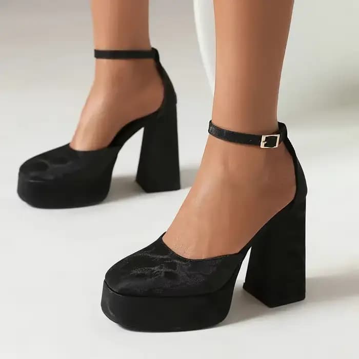 Sandales à talons hauts épais Orange rose bout carré Sexy dame fête mariage bride à la cheville pompes Mary Janes