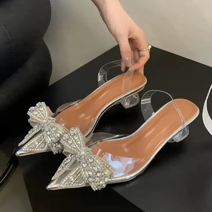 Liyke 2026 printemps Sexy Slingback chaussures femmes Mules sandales mode cristal diamant nœud papillon bout pointu talons transparents pompes