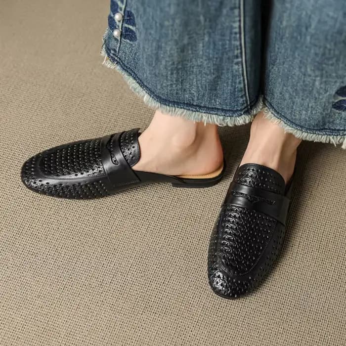 Mules d'été en cuir véritable pour femmes