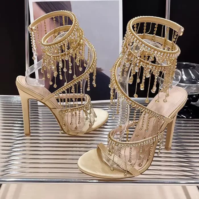 Eilyken doré cristal strass femmes sandales mode chaîne perle discothèque talon aiguille sangle enveloppante Peep orteil