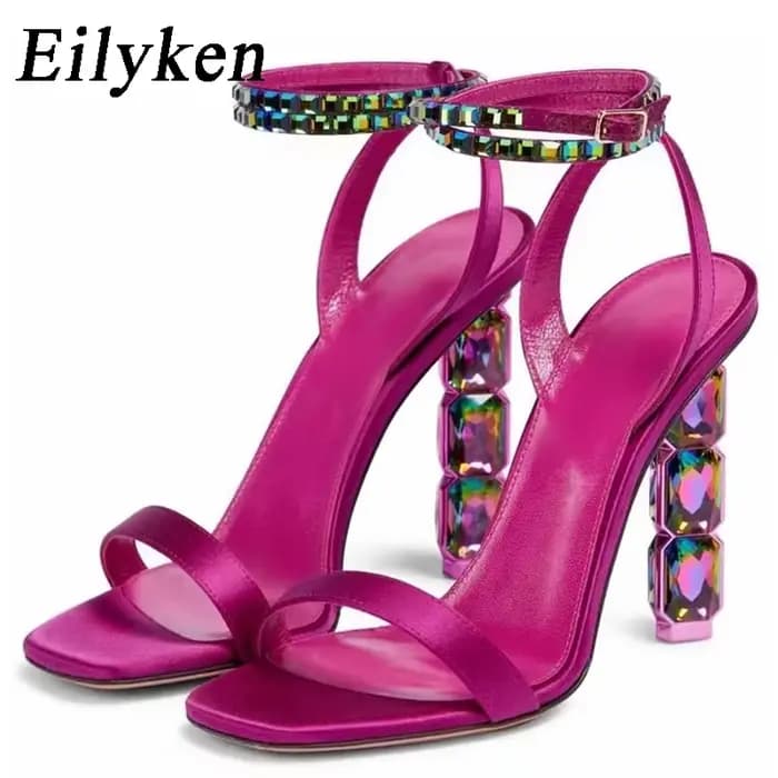 Eilyken été cristal embelli sandales à talons hauts femmes diamant bout ouvert bride à la cheville soie Satin strass chaussures de Banquet