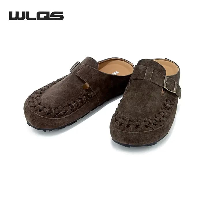 WLQS Mules en Daim Véritable Tressées pour Femmes, Sabots Vintage sans Talon avec Boucle Ajustable, Sandales d'Été Respirantes à Enfiler