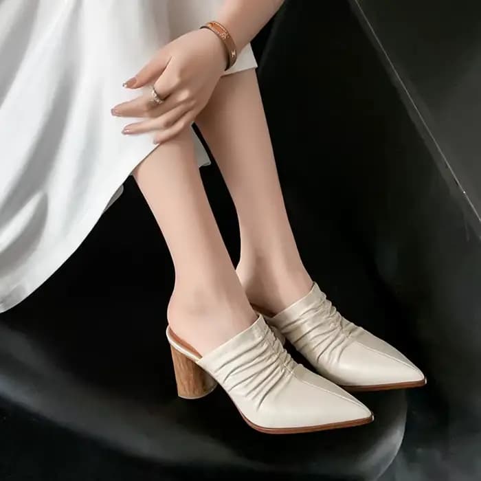 Dilalula 2025 Mules à talons hauts en cuir véritable pour femmes pantoufles plissées à bout couvert dames