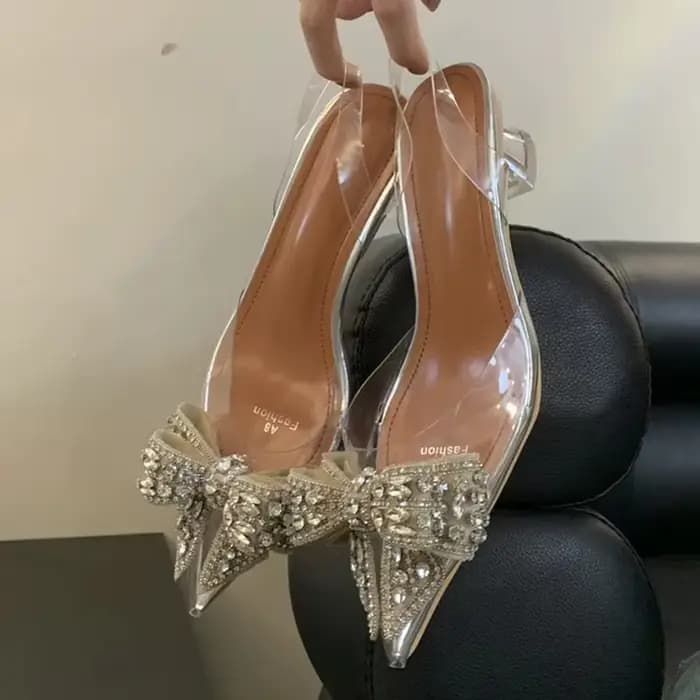 Liyke 2026 printemps Sexy Slingback chaussures femmes Mules sandales mode cristal diamant nœud papillon bout pointu talons transparents pompes