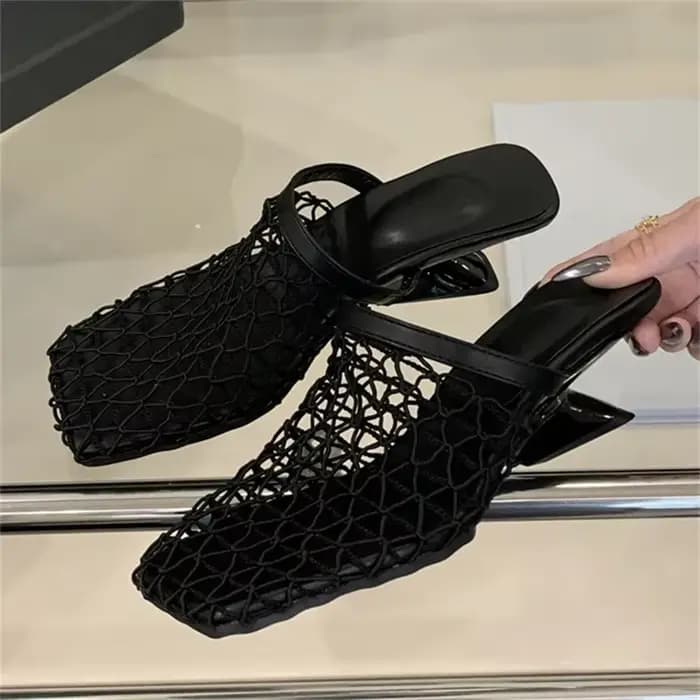 Eilyken Design respirant maille Mule pantoufles femme pompes élégant bout carré étrange talons bas fête dames chaussures coulissantes