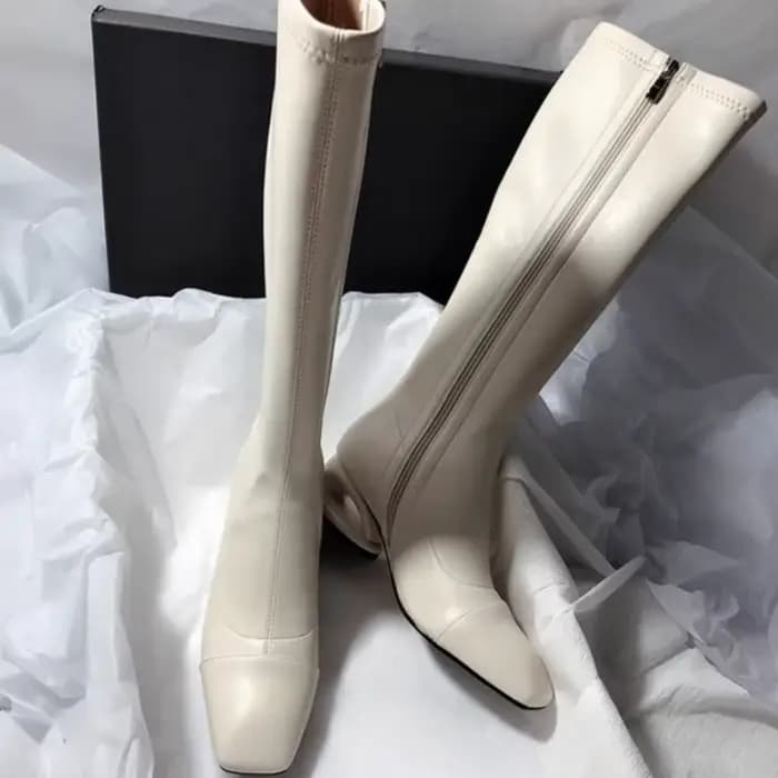 Bout carré découpe talon bloc élégant en cuir souple polyvalent côté fermeture éclair