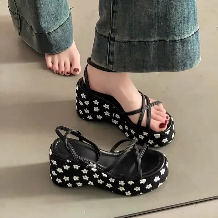 Sandales à plateforme compensée pour femmes, chaussures d'été à talons hauts imprimés, pantoufles à fond épais pour augmenter la hauteur, 2025