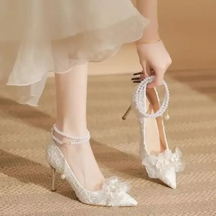 Chaussures Blanches à Talons Aiguilles et Perles pour Femme, Robe de Mariée, 2024