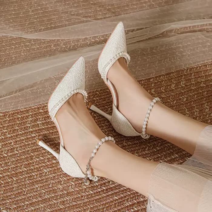 Perles sangle chaussures à talons hauts femmes été avec talon mince et Surface en dentelle bout pointu chaussures De mariée De mariage Bombas De Mujeres
