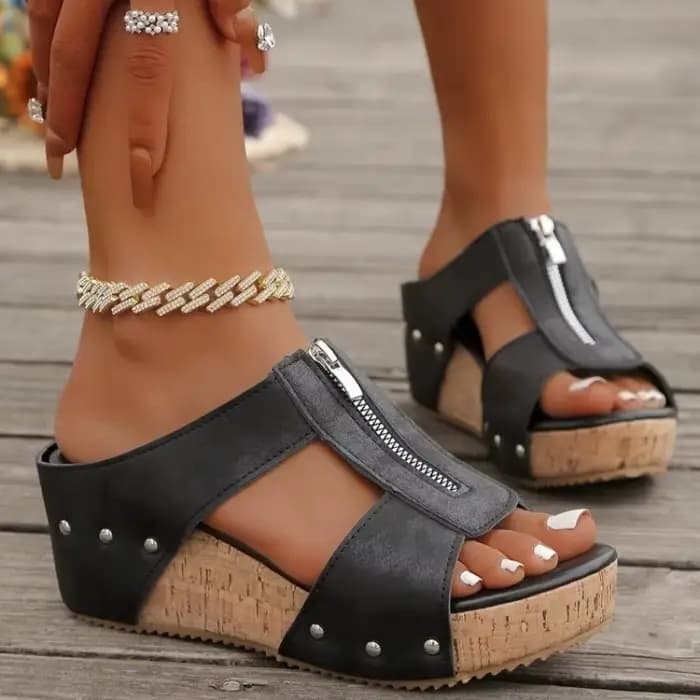 Mules compensées pour femmes à bout ouvert, plateforme, talon haut, fermeture éclair, dessus texturé, détails cloutés, style décontracté, pour l'été et le quotidien, à enfiler