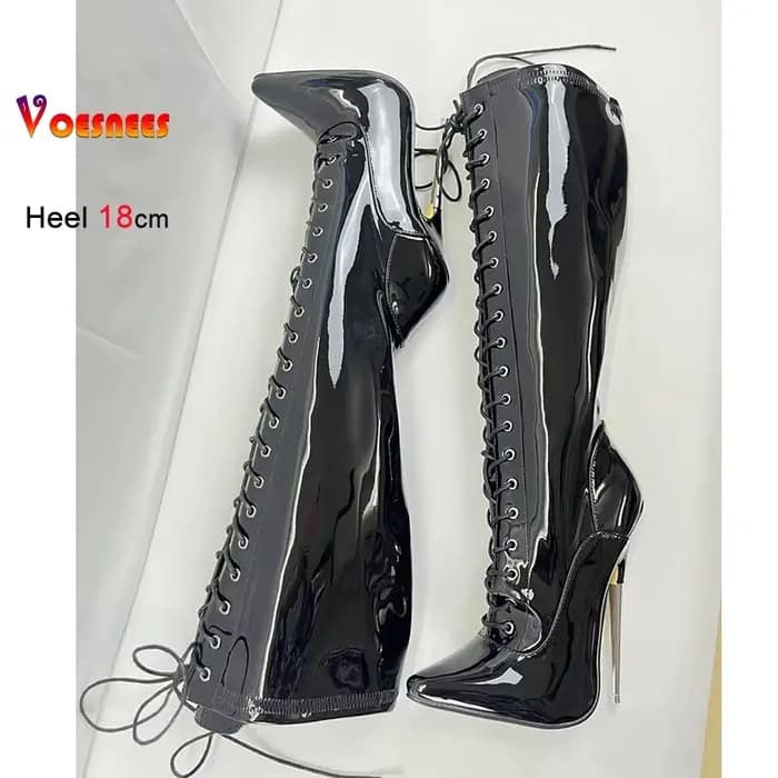 Noir 18 cm talon en métal genou haute femmes bottes boîte de nuit scène bout pointu pôle chaussures de danse en cuir verni dame talons couleur personnalisée