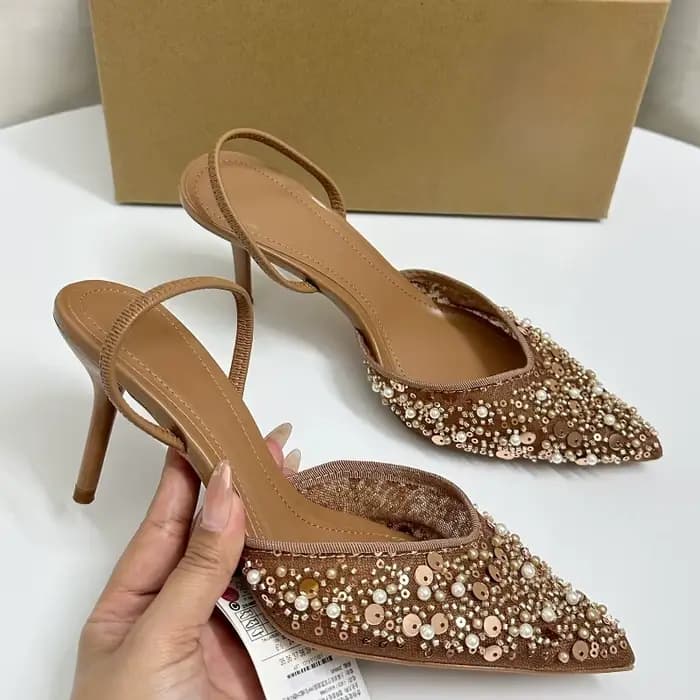 Chaussures de soirée élégantes à talons hauts pour femmes, paillettes scintillantes, perles, maille, Design de marque, sandales de luxe pour dames de bureau, été 2025