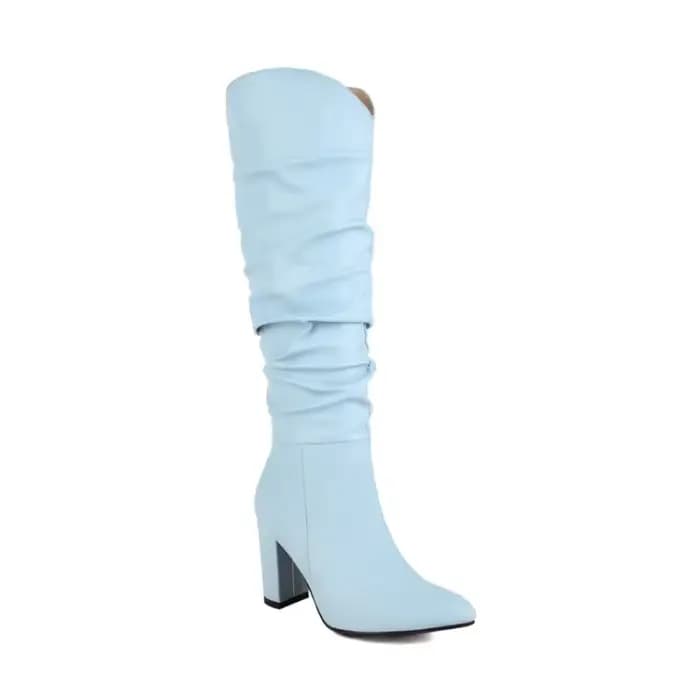 Bottes en cuir rose plissé bleu ciel pour femmes, talon optique de 8cm, bottes pointues courtes, fourrure, fermeture à glissière latérale, mode sexy, hiver, 34-48, 2024