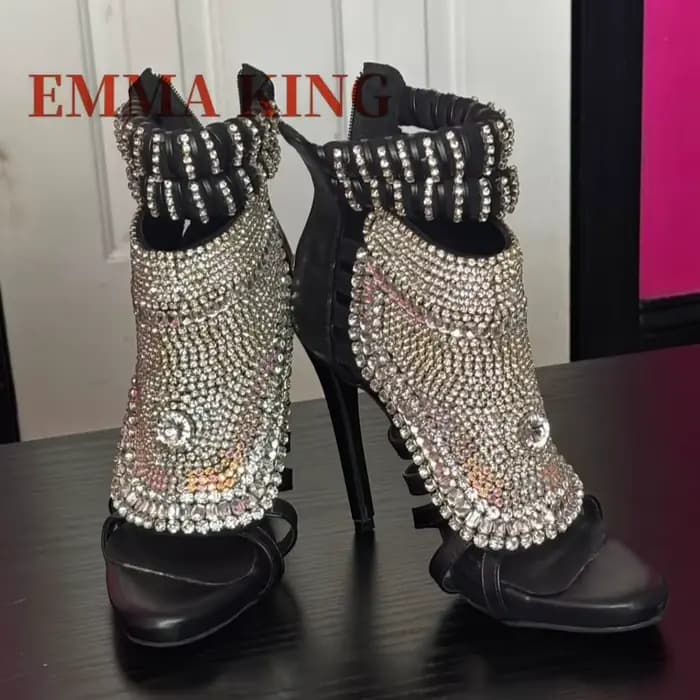 Sandales ornées de strass en cristal, Design de luxe, sandales d'été pour femmes, talons hauts, lanière à la cheville, chaussures Stiletto