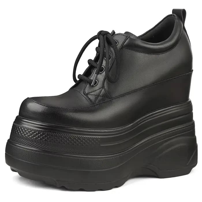 Escarpins à talons hauts compensés pour femmes, bottines noires et blanches en cuir véritable à bout rond, baskets épaisses augmentant la hauteur, chaussures décontractées