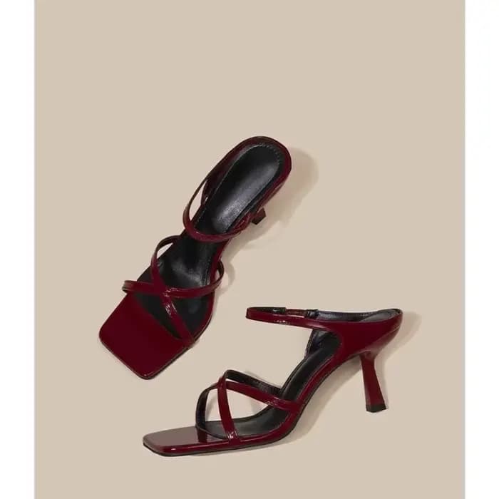 Sandales à talons hauts rouge vin pour femmes, bout carré, décor de nœud papillon, pantoufles d'extérieur d'été, chaussures de fête de mariage à talons fins, nouvelle collection
