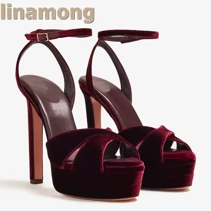 Sandales à talons plateforme en velours bordeaux pour femmes, chaussures à lanières croisées, imprimé léopard, talons hauts, chaussures de luxe de styliste en daim solides