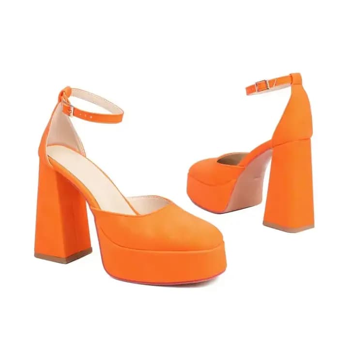 Sandales à talons hauts épais Orange rose bout carré Sexy dame fête mariage bride à la cheville pompes Mary Janes