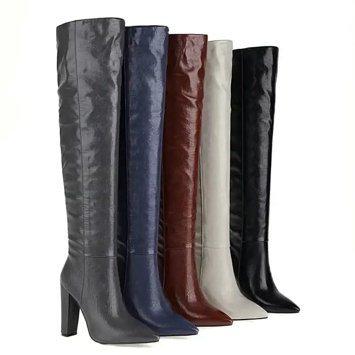 Cuissardes hautes femmes marine marron gris couleur bout pointu Sexy hiver talons hauts motif plissé sur le genou bottes longues 225