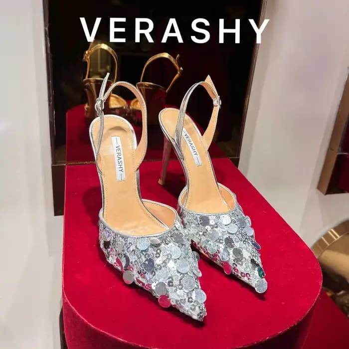Chaussures rouges à talons hauts pour femmes, nouveau Style avec bouton unique, sangle arrière, paillettes, talon fin, sandales noires pointues de 10cm