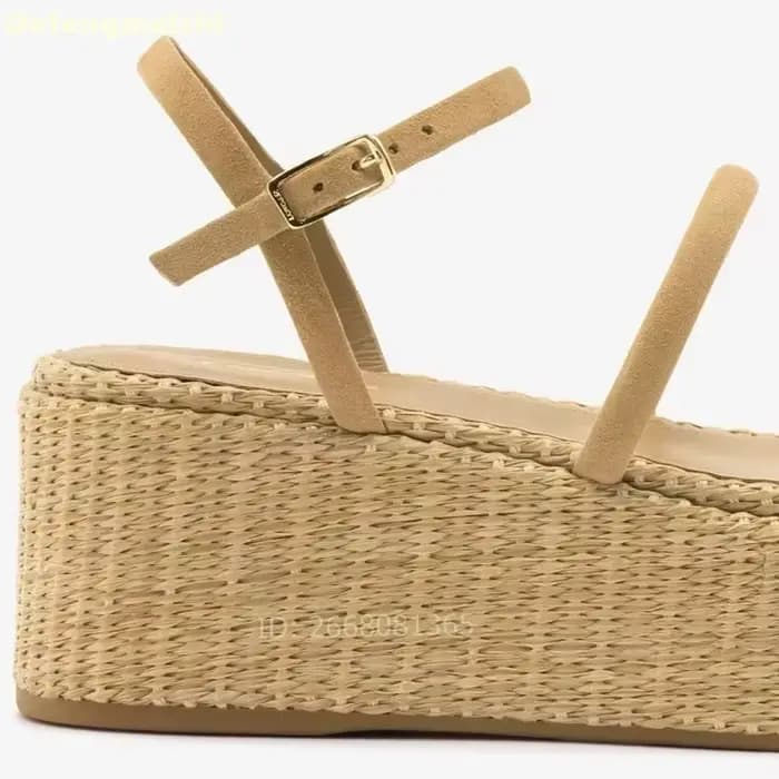 Sandales compensées à plateforme beige à fines brides, style espadrille, avec bride de cheville et bout ouvert, pour femme, chaussures décontractées d'été pour la plage et les vacances