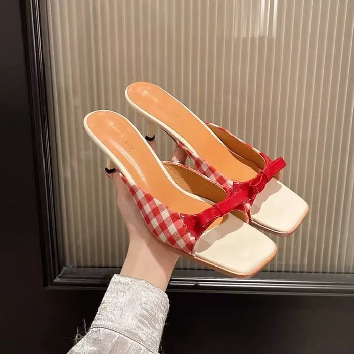 Sandales 2026 à nœuds rouges pour femmes, chaussures à carreaux, sandales à talons hauts ouvertes à bout ouvert, style français élégant