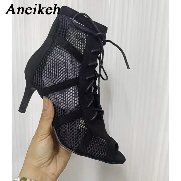 Aneikeh 7CM talon moyen danse évider bride à la cheville sandales bottes 2025 mode été à lacets croisé Peep orteil dame chaussures