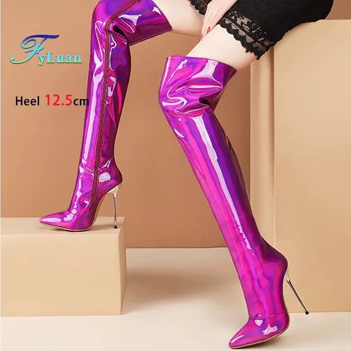 Cuissardes à talons aiguilles holographiques pour femmes